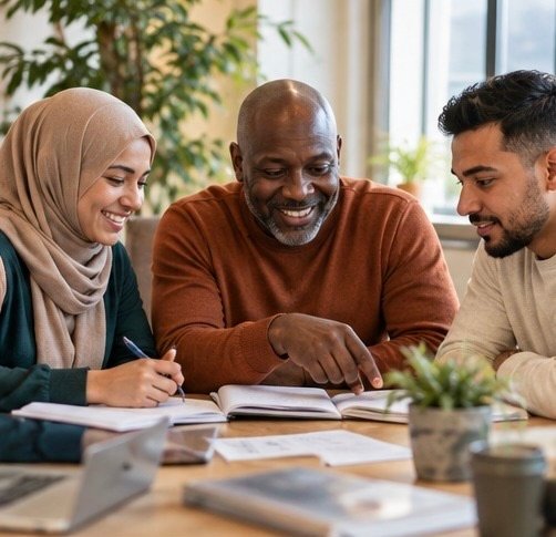 Mensen die samen leren en ideeën uitwisselen